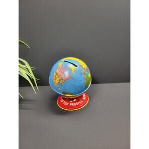 Vintage World Bank Globe Tin Litho Ohio Art Coin Mid Century Retro Red Base